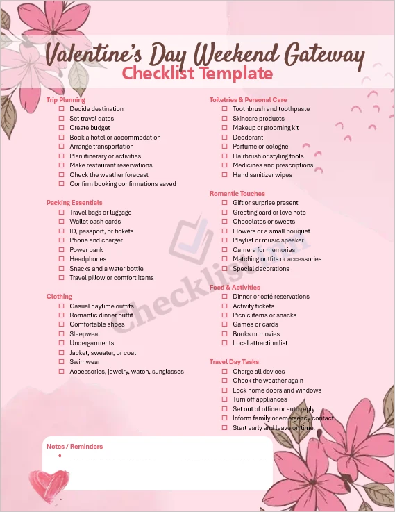 Valentines Day weekend getaway checklist cover page template in Microsoft Word format with romantic planner style layout