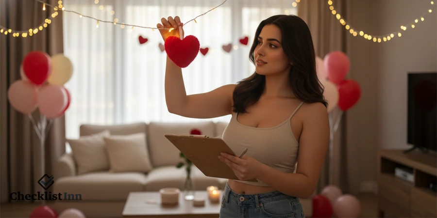 Woman decorating home for Valentine’s Day using checklist