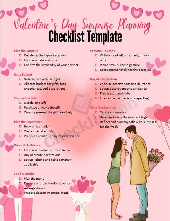 valentines day surprise planning checklist cover page with hearts and romantic theme