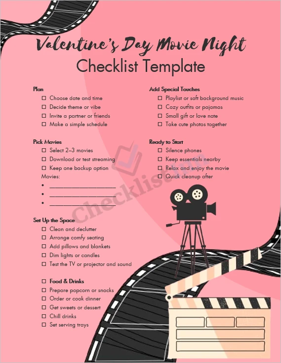 valentines day movie night checklist cover page cozy romantic setup