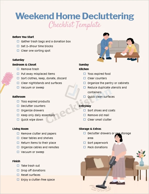 Weekend home decluttering checklist cover page printable planner