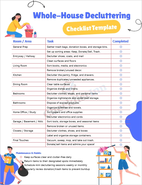 Whole House Decluttering Checklist cover showing a clean organized home