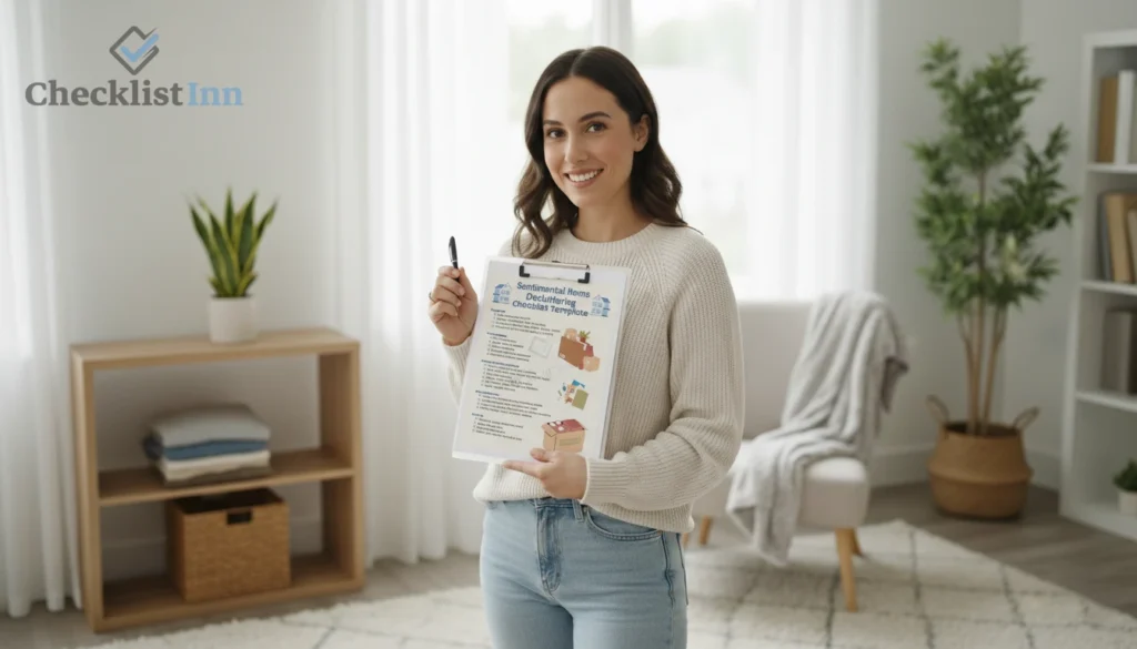 A woman using a printed home organization checklist in a tidy living room, showing trust and real-life use of the templates.