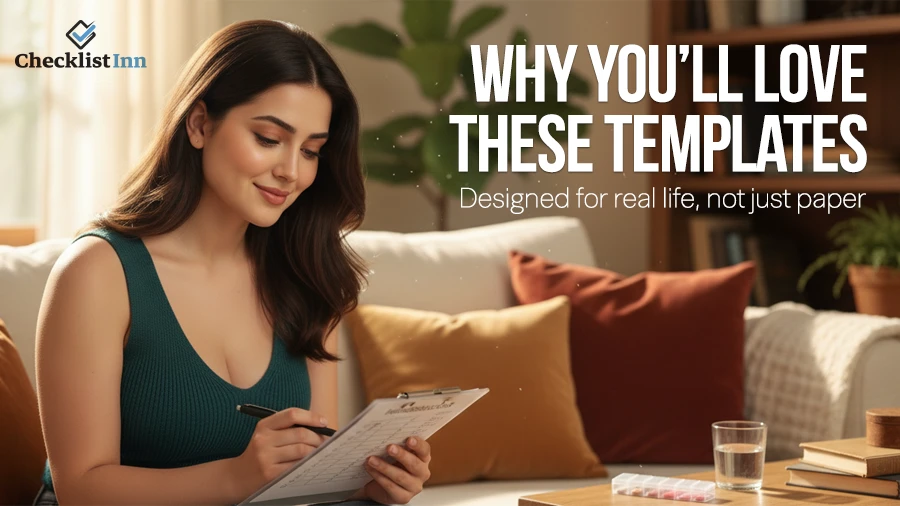 Happy woman using a simple medication checklist in a calm home setting