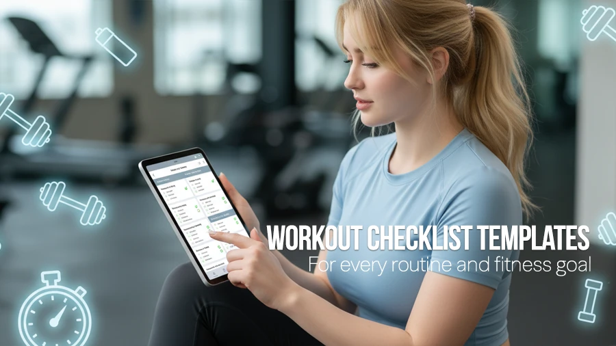 Woman reviewing different workout checklist templates on a tablet
