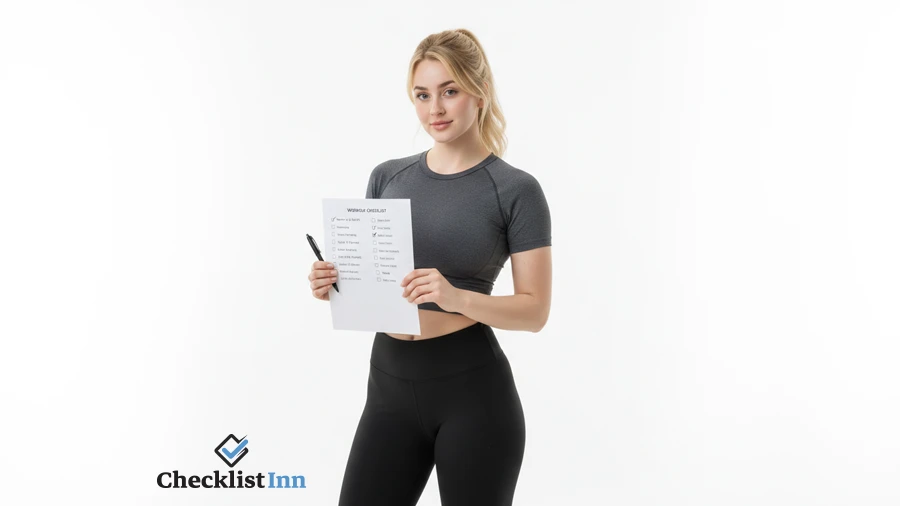 Woman holding a workout checklist on a white background